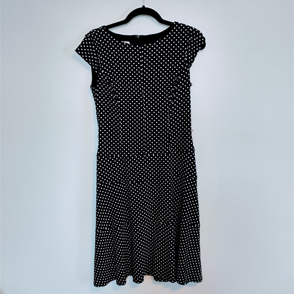 Anne Klein black and white polkadot dress with cap sleeves. Below the knee lengt